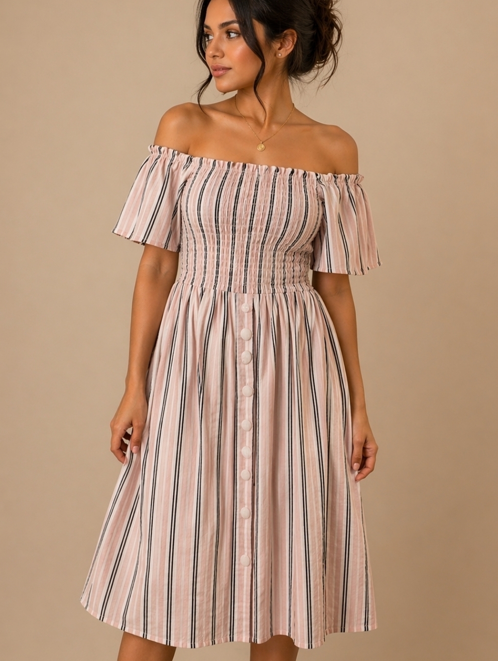 ROBERT LOUIS Pink Striped Smocked Off Shoulder Linen Longline Doll Dress